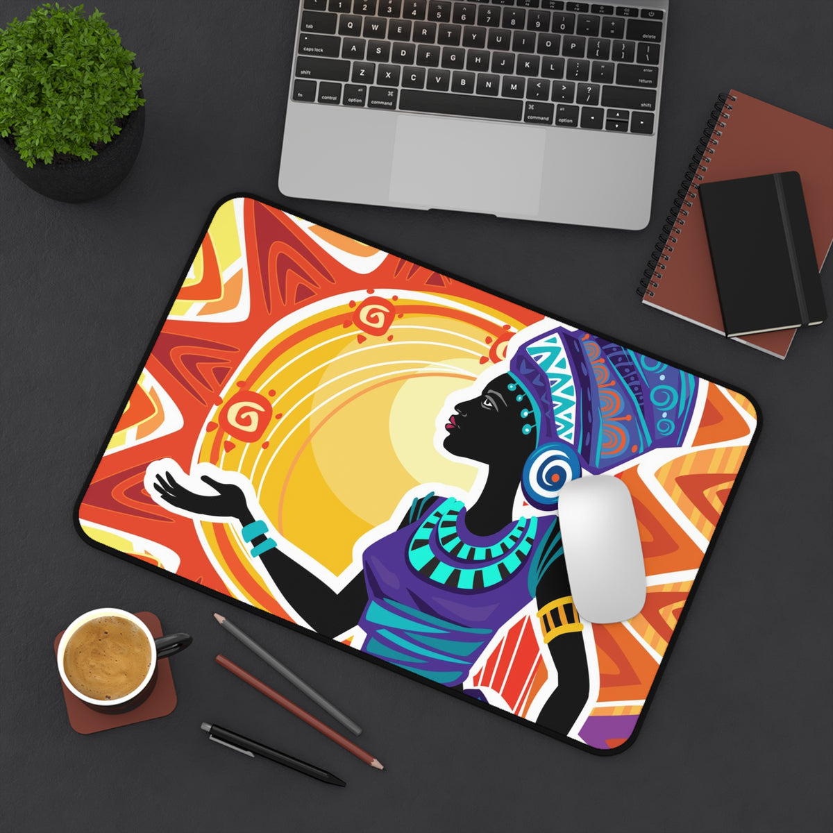 African Sun Goddess Desk Mat — Colorful Boho Desk Pad for Home Office & Creative Workspaces