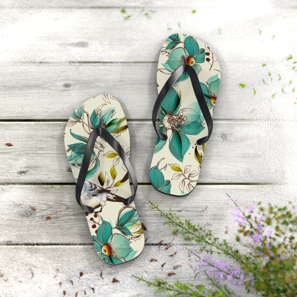 Floral Bird Flip Flops — Teal Botanical Summer Sandals