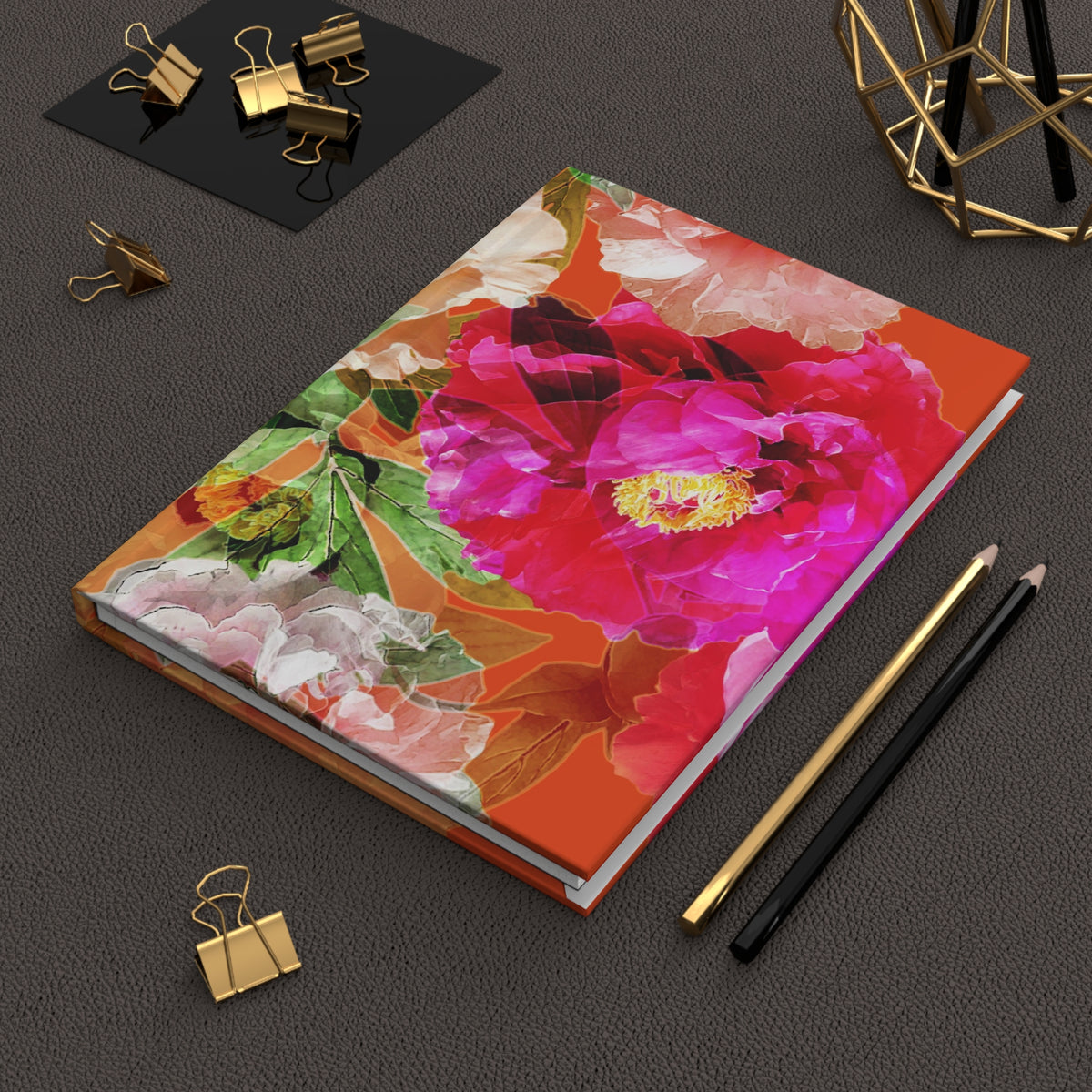 Floral Peony Hardcover Journal — Bright Pink & Orange Botanical Notebook