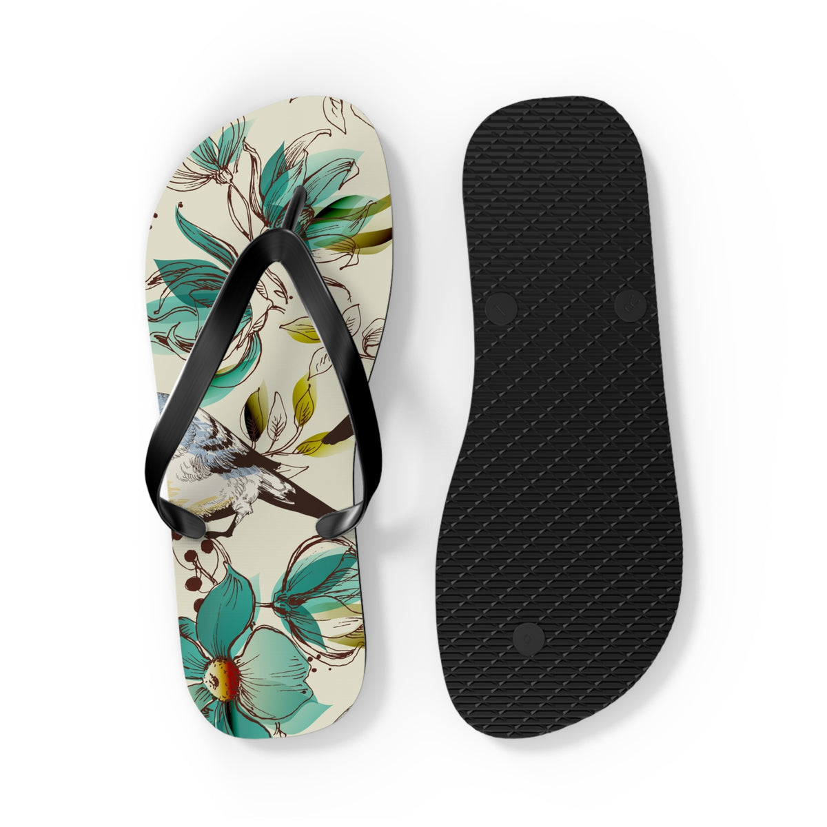 Floral Bird Flip Flops — Teal Botanical Summer Sandals