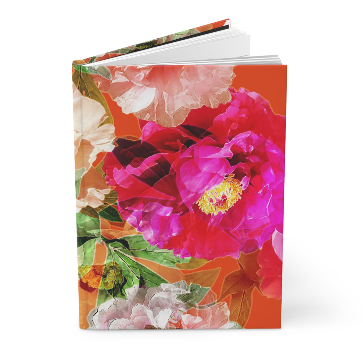 Floral Peony Hardcover Journal — Bright Pink & Orange Botanical Notebook